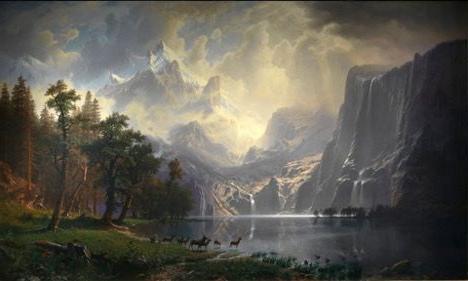 painting of trees and mountains and lake